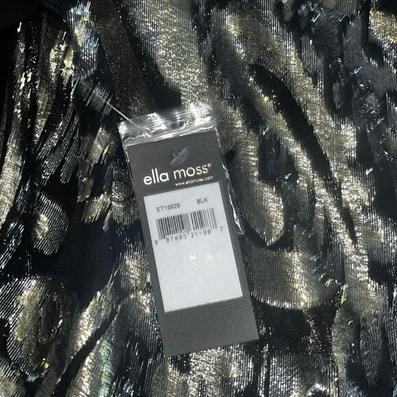 NEW Ella Moss Black Metallic Gold Top Sheer Long Sleeves Peplum Hem Medium NWT - Picture 10 of 11